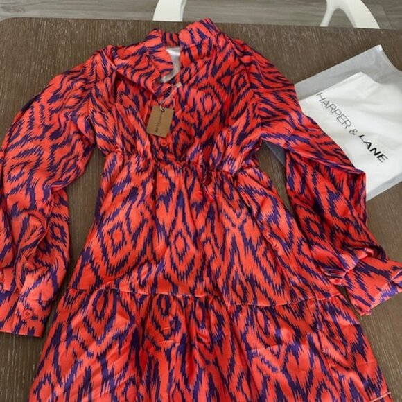 NWT Orange and Purple Print Eleanor Ruffle Mini Dress, S - Picture 3 of 8